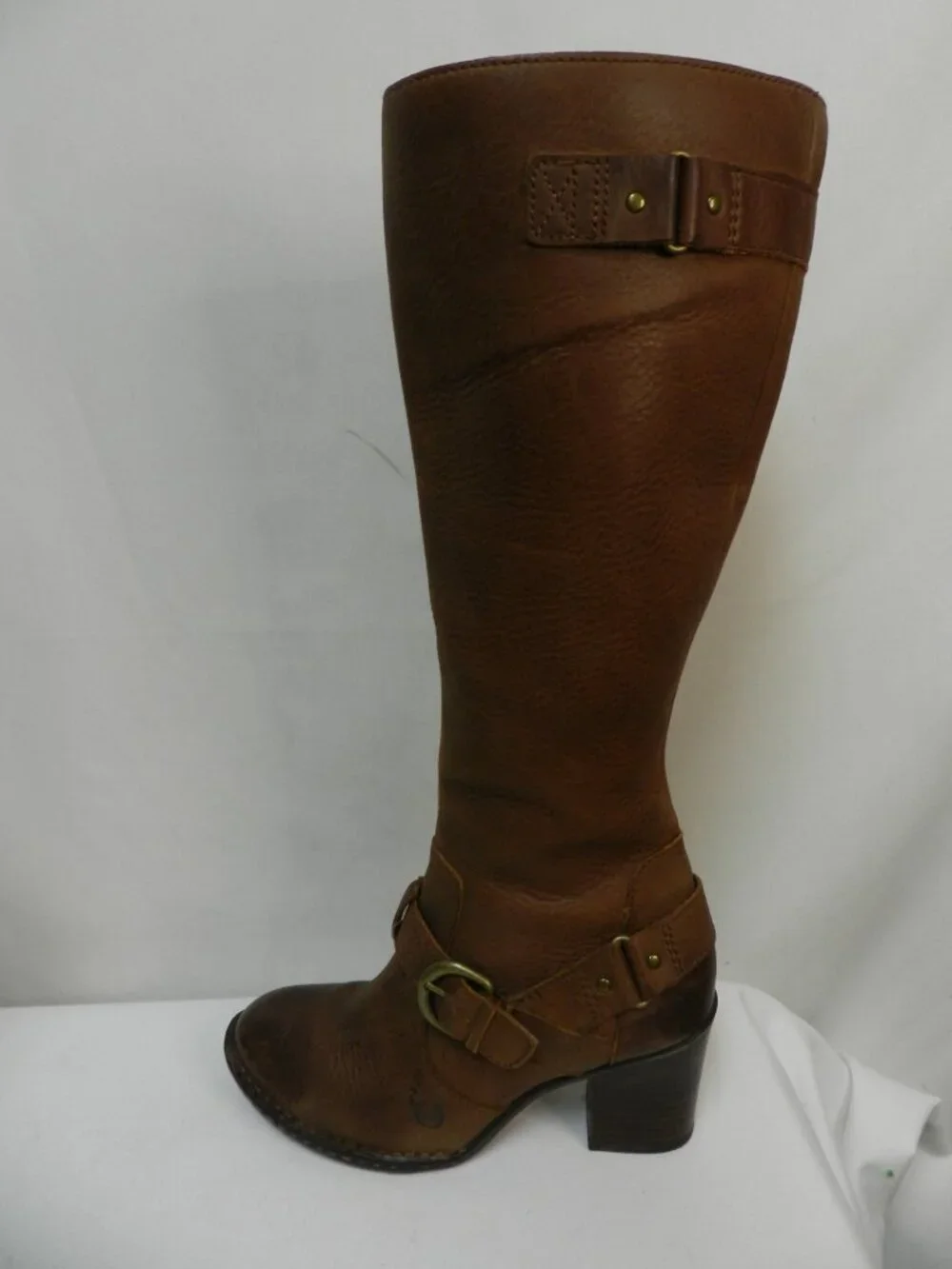 BORN Natasha Leather tall zip boots w/ harness brown heeled Comfort Size Sz 7